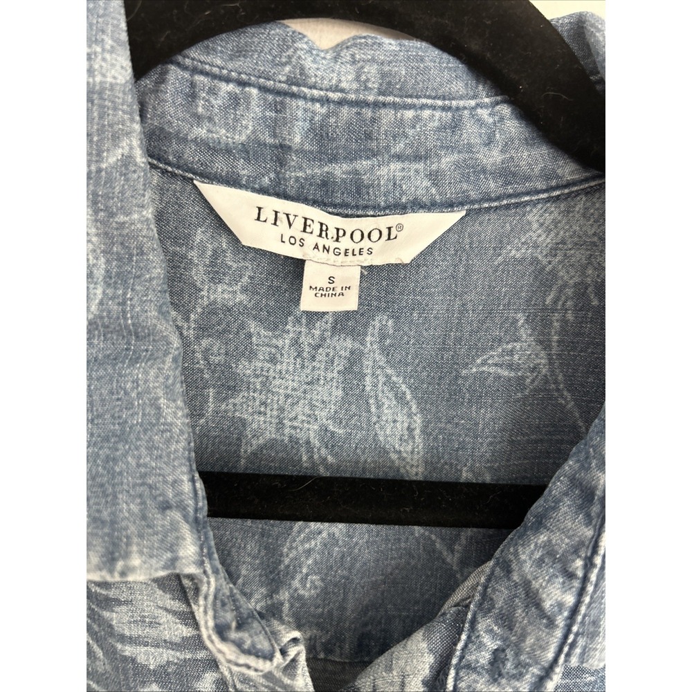 Liverpool Los Angeles Women's S Denim Blue Floral Short Sleeve Button-up Blouse - Picture 2 of 14